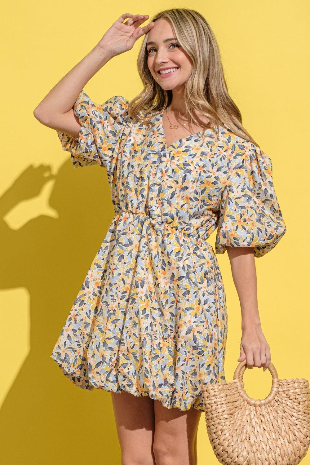 Floral Surplice Puff Sleeve Dress.