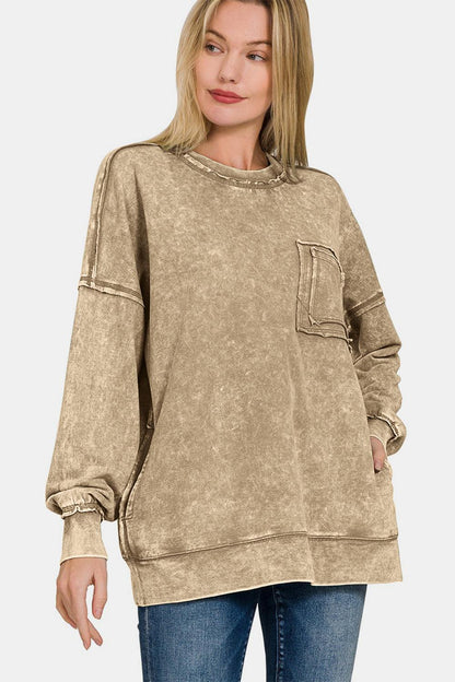 Exposed Seam Round Neck Dropped Shoulder Sweatshirt In Mocha