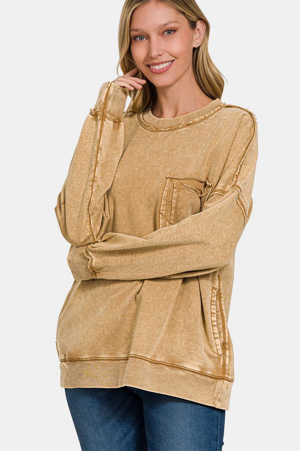 Exposed Seam Round Neck Dropped Shoulder Sweatshirt