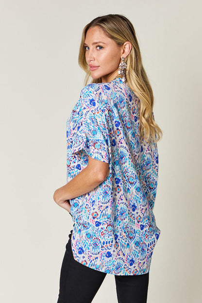 Printed V-Neck Short Sleeve Blouse