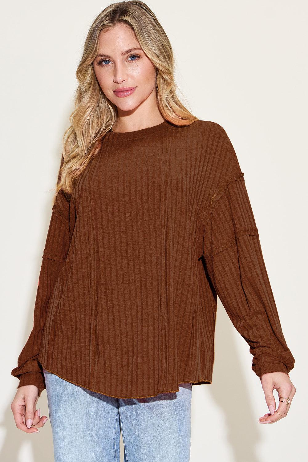 Ribbed Round Neck Long Sleeve T-Shirt