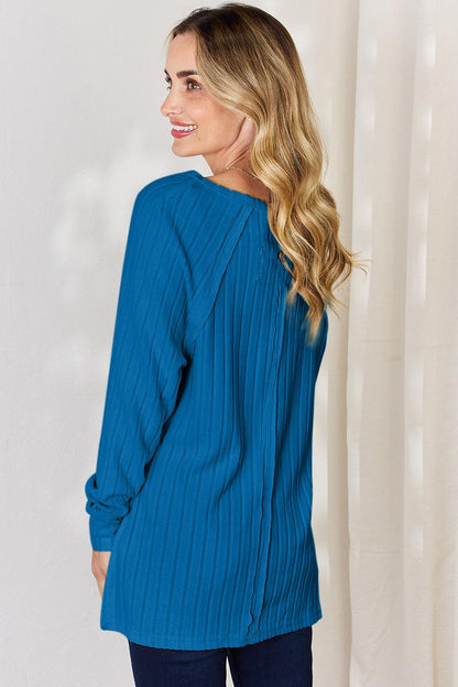 Ribbed Round Neck Slit T-Shirt