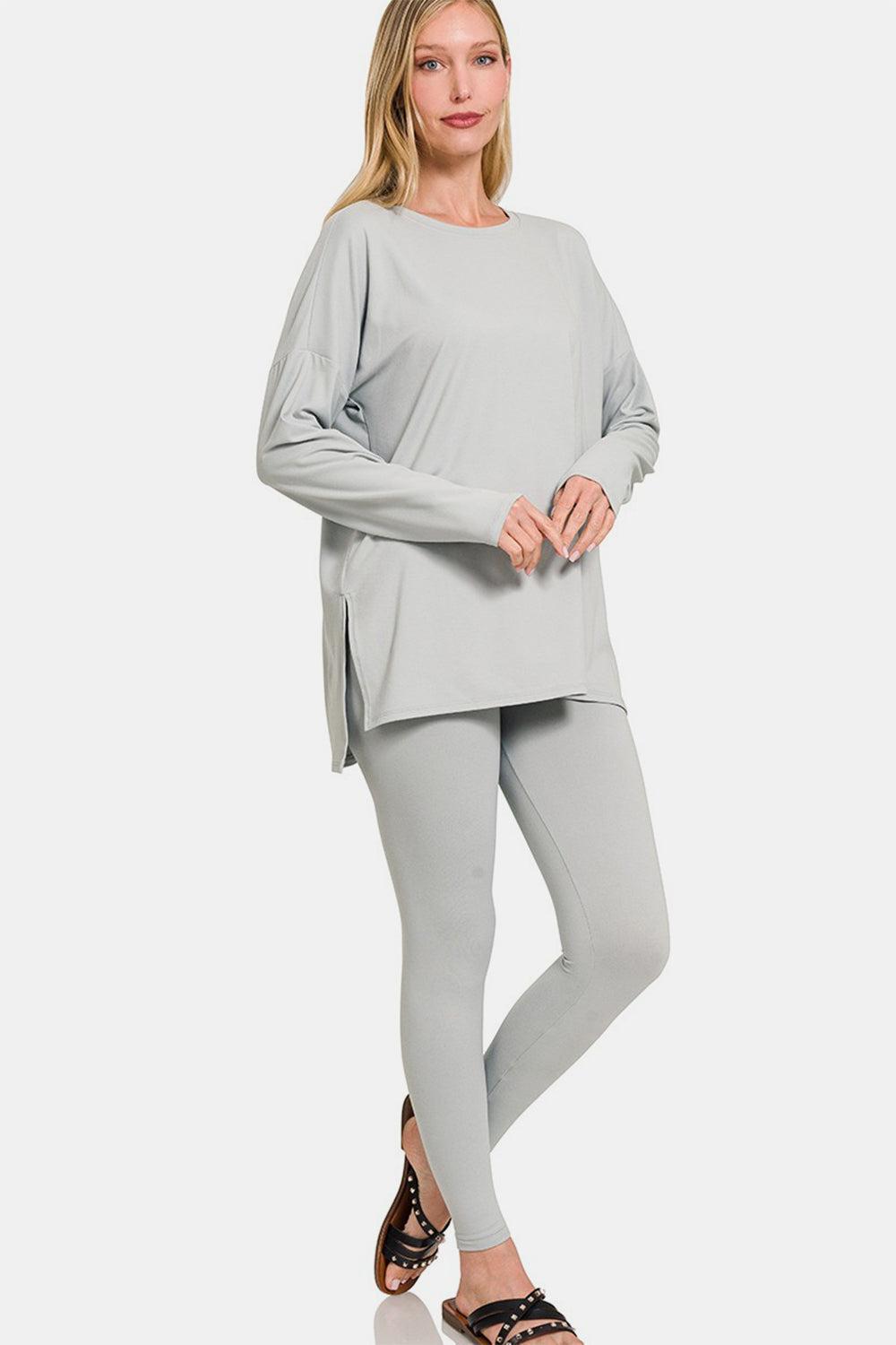 Brushed Microfiber Top and Leggings Set in Lt Grey