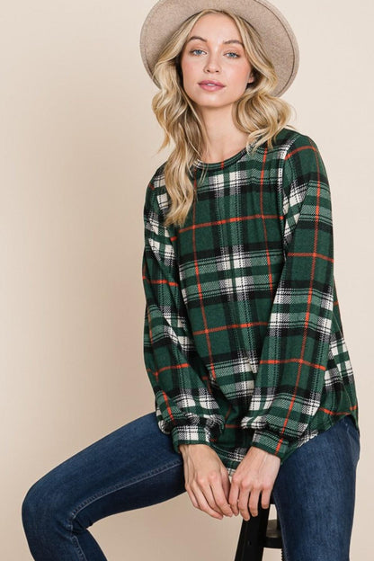 Curved Hem Plaid Round Neck Long Sleeve Top