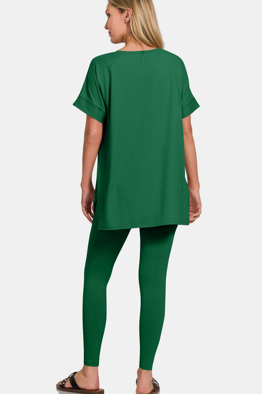 Rolled short sleeve t-shirt and leggings lounge set In Dark Green