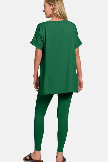 Rolled short sleeve t-shirt and leggings lounge set In Dark Green