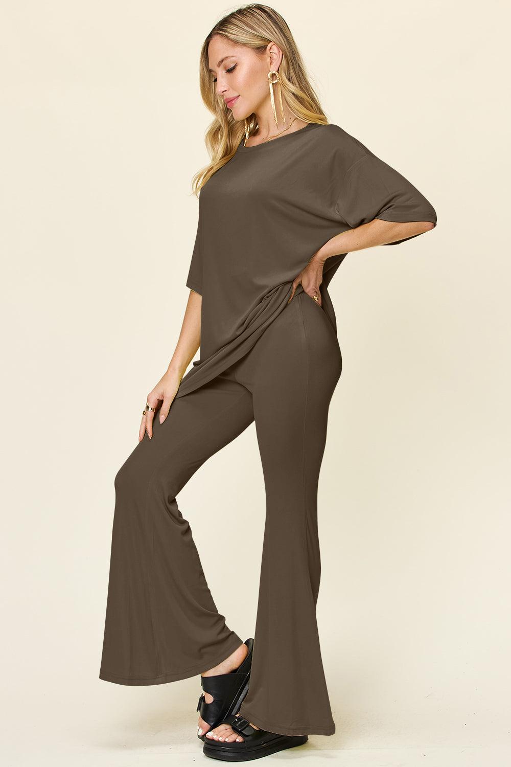 Round Neck Drop Shoulder T-Shirt and Flare Pants Set