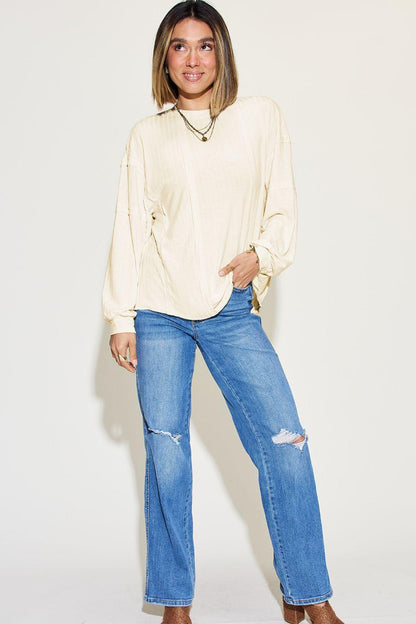 Ribbed Round Neck Long Sleeve T-Shirt