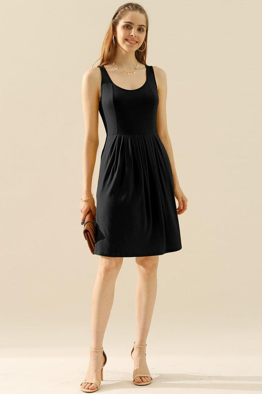 Round Neck Ruched Dress with Pocket