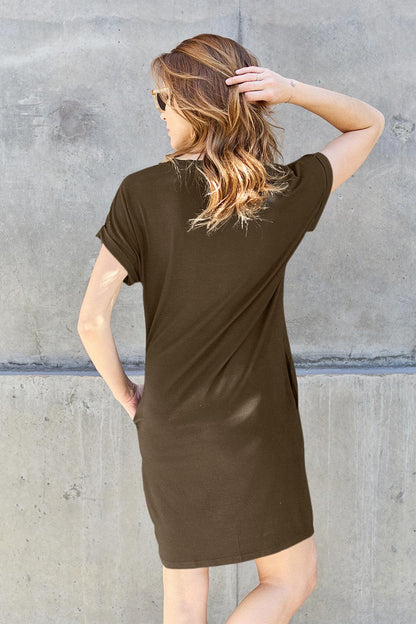 Short T Shirt Dress Cap Sleeve Round Neck Dresses with Pocket