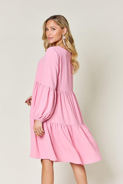 V-neck Dress with fluffy Balloon Sleeves with Pockets