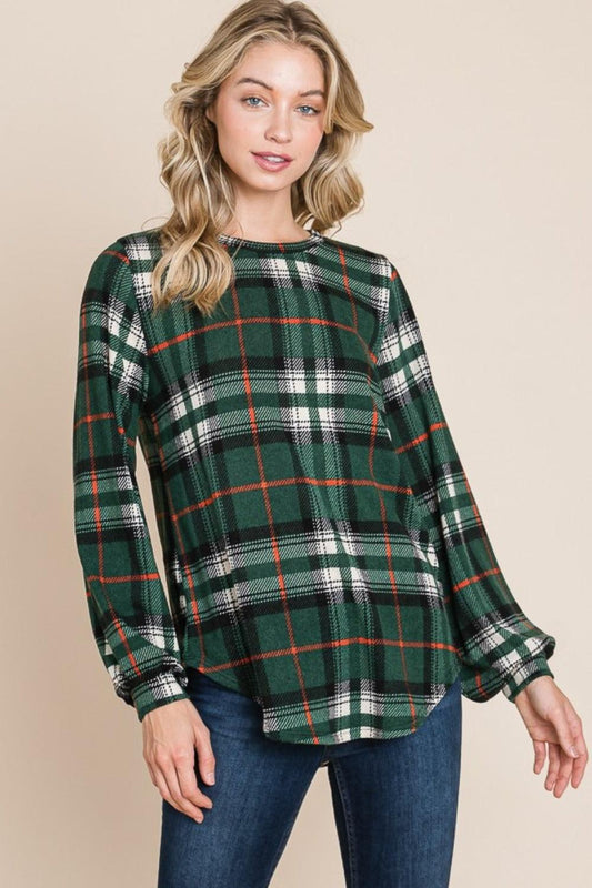 Curved Hem Plaid Round Neck Long Sleeve Top