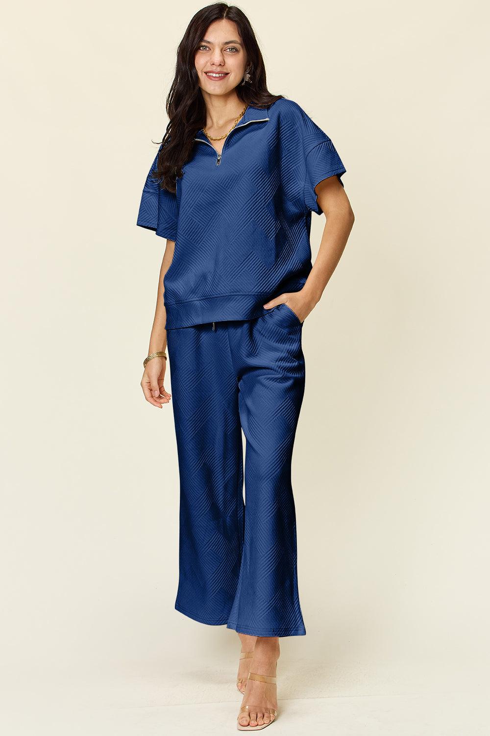 Texture Half Zip Short Sleeve Top and Pants Set