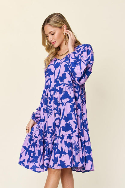 Printed Dress Long Ruffle Sleeve Dress Tiered Mini Dress with Pockets