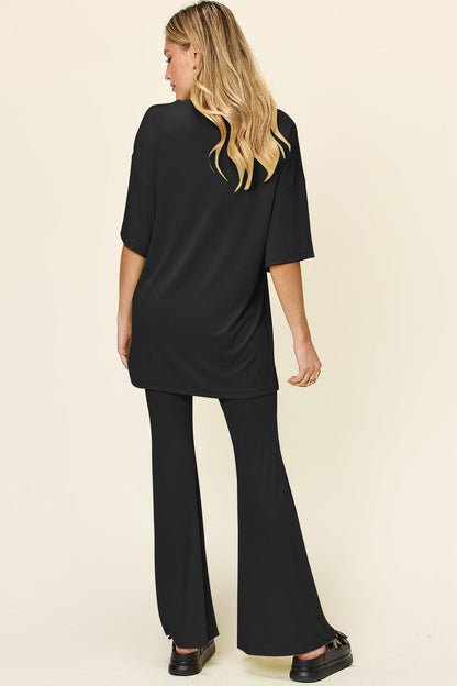 Round Neck Drop Shoulder T-Shirt and Flare Pants Set