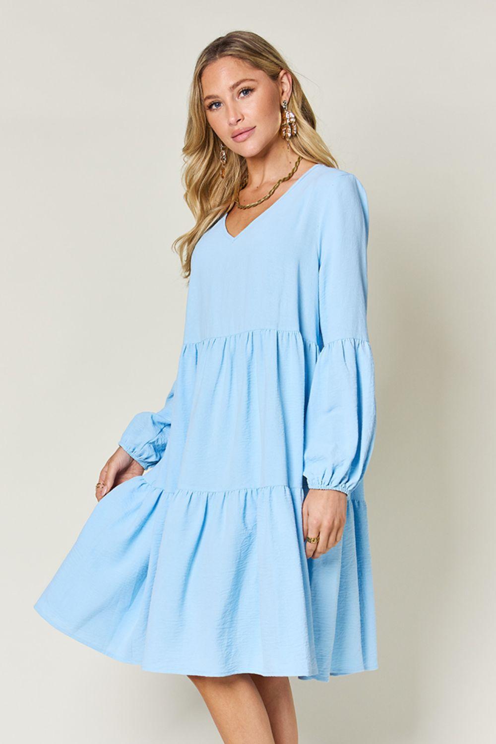 V-neck Dress with fluffy Balloon Sleeves with Pockets