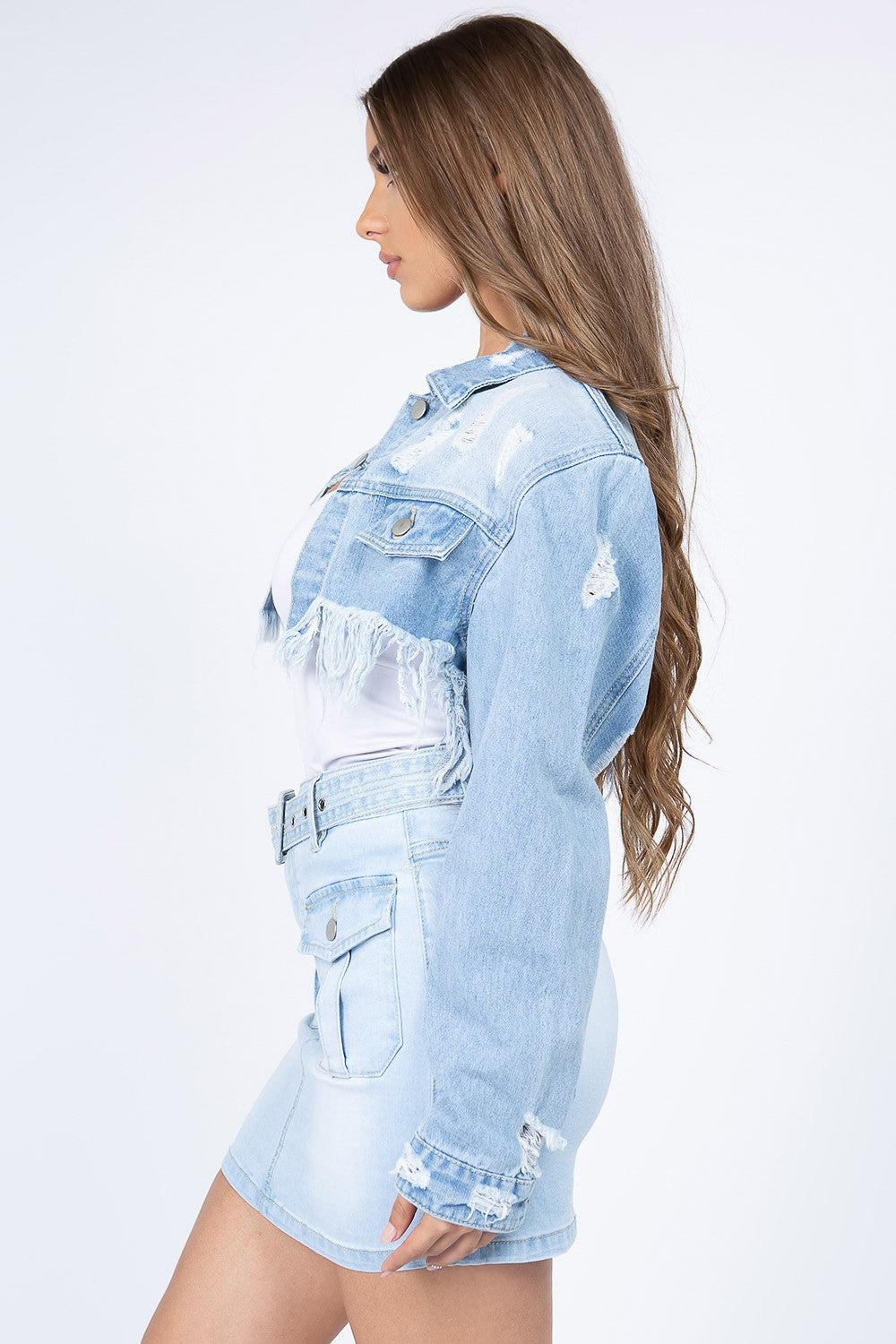 Distressed Denim Jacket with a Frayed hems