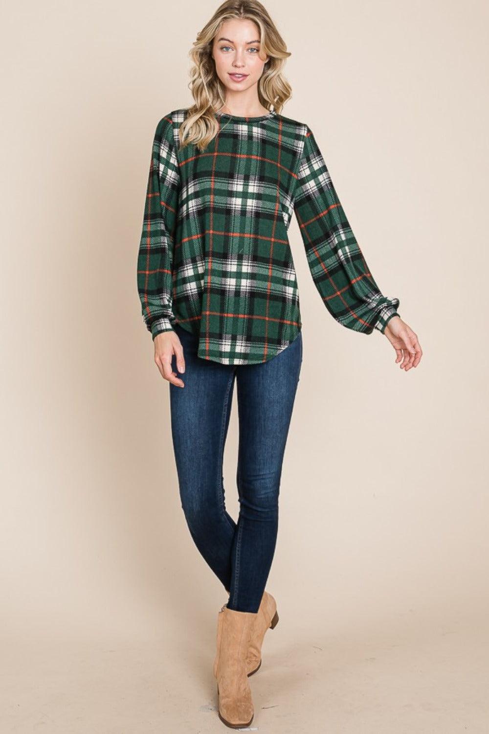 Curved Hem Plaid Round Neck Long Sleeve Top