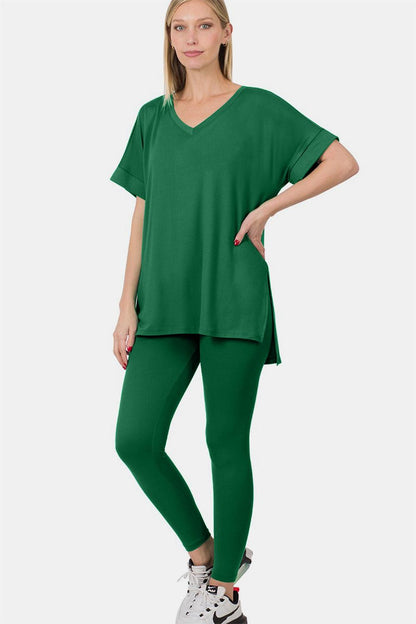 Rolled short sleeve t-shirt and leggings lounge set In Dark Green