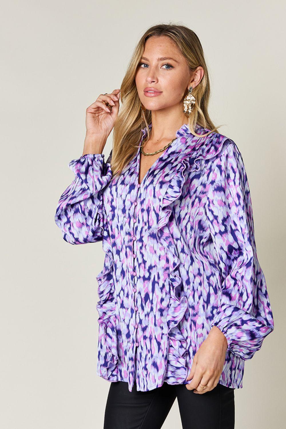 Ruffle Trim Balloon Sleeve Shirt