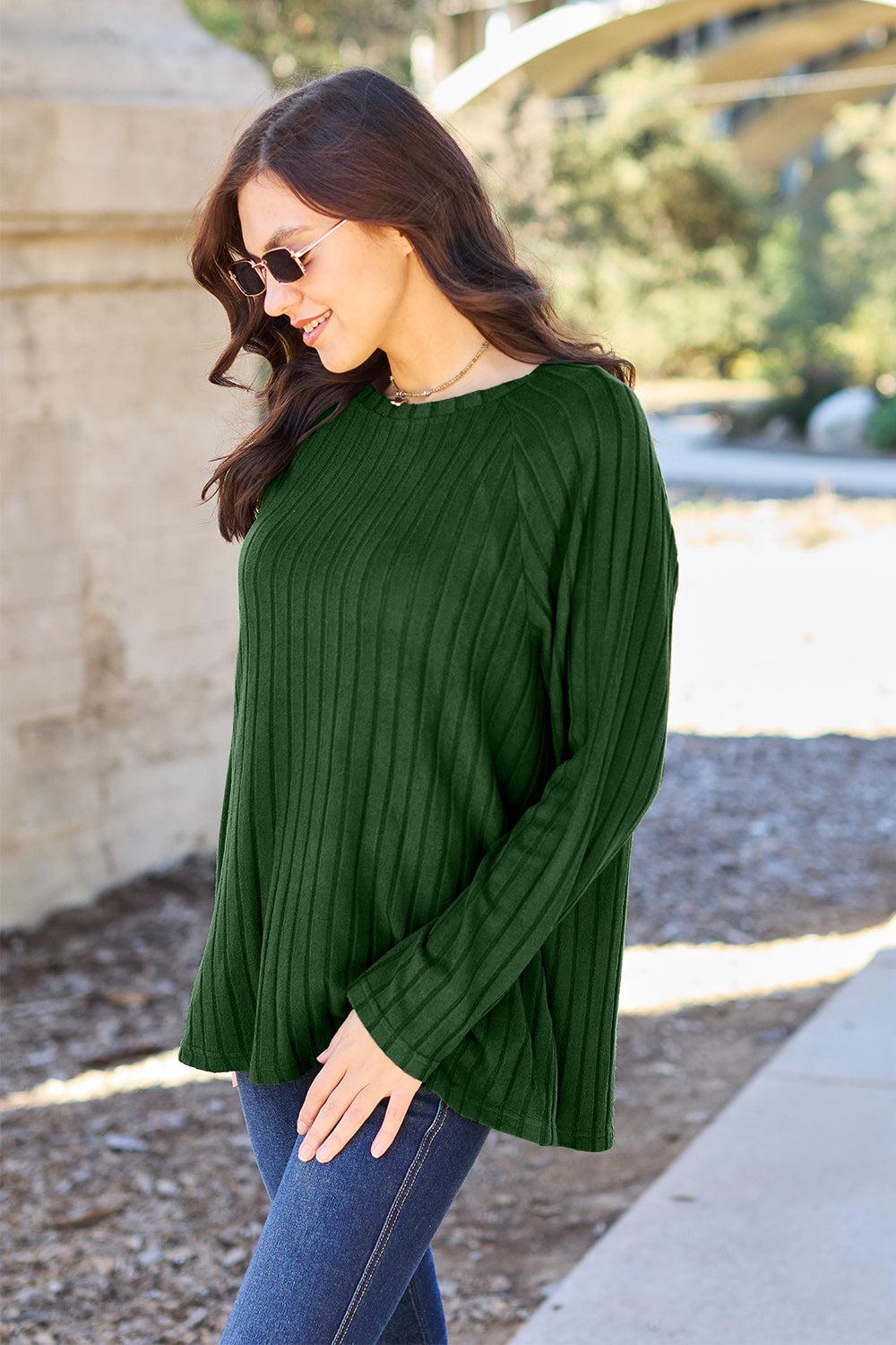 Round Neck Long Sleeve  Ribbed Knit Pullover