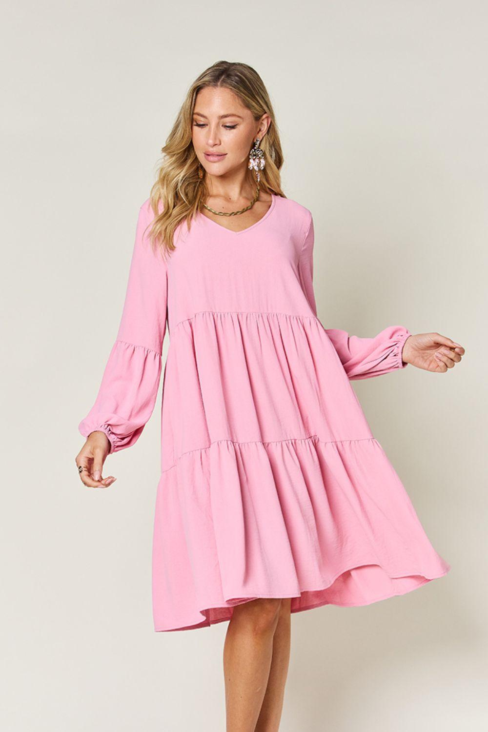 V-neck Dress with fluffy Balloon Sleeves with Pockets