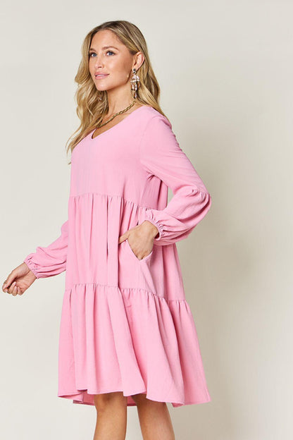 V-neck Dress with fluffy Balloon Sleeves with Pockets