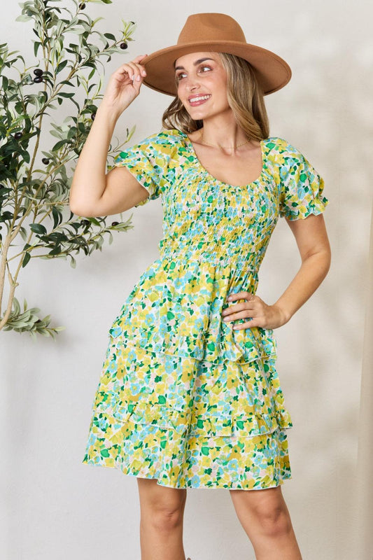 Smocked Scoop Neck Floral Print Short Dress