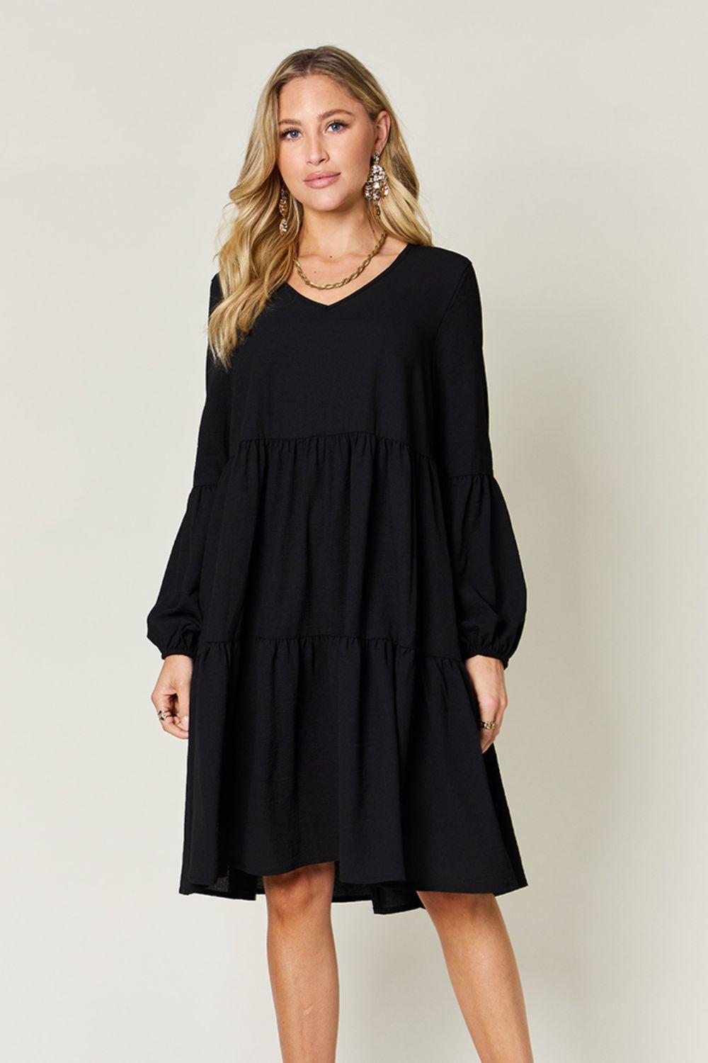 V-neck Dress with fluffy Balloon Sleeves with Pockets