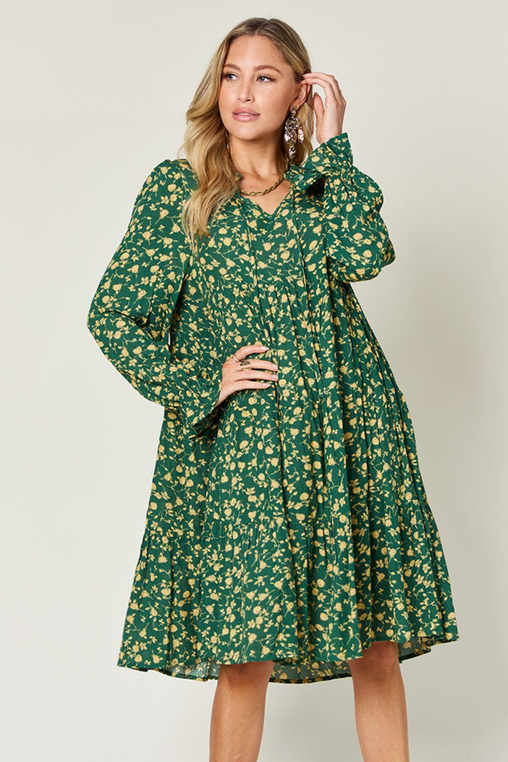 Printed Ruffle Hem Long Sleeve Tiered Dress