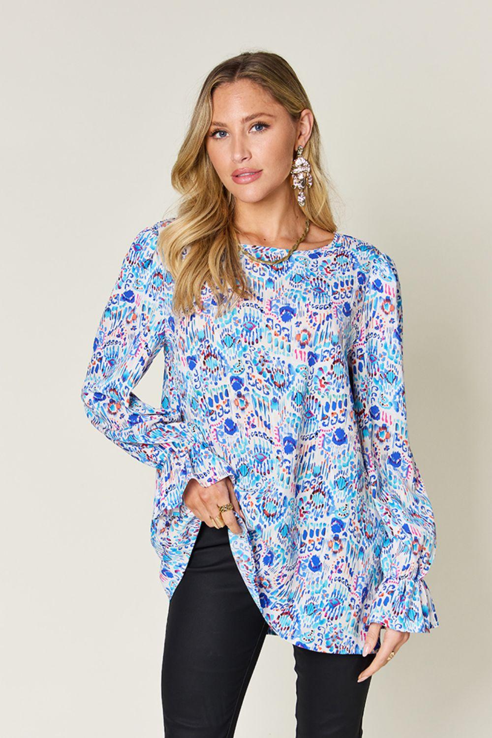 Printed Flounce Sleeve Blouse