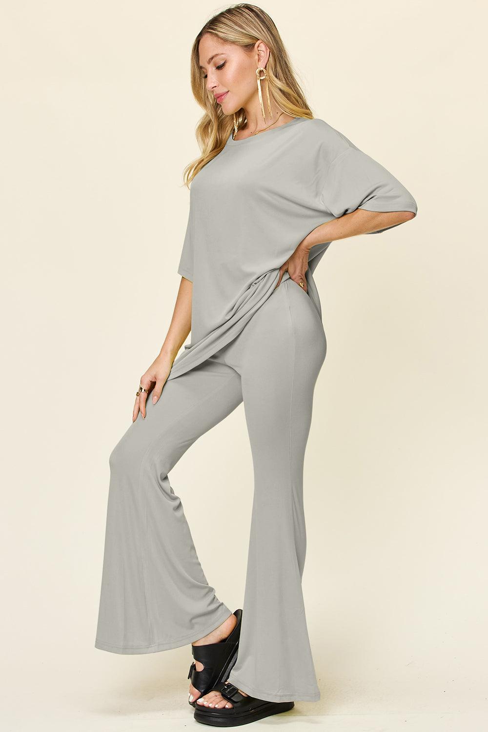 Round Neck Drop Shoulder T-Shirt and Flare Pants Set