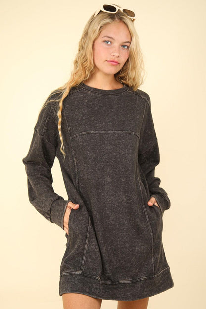 Mineral Washed Oversized Sweatshirt Mini Dress In Black