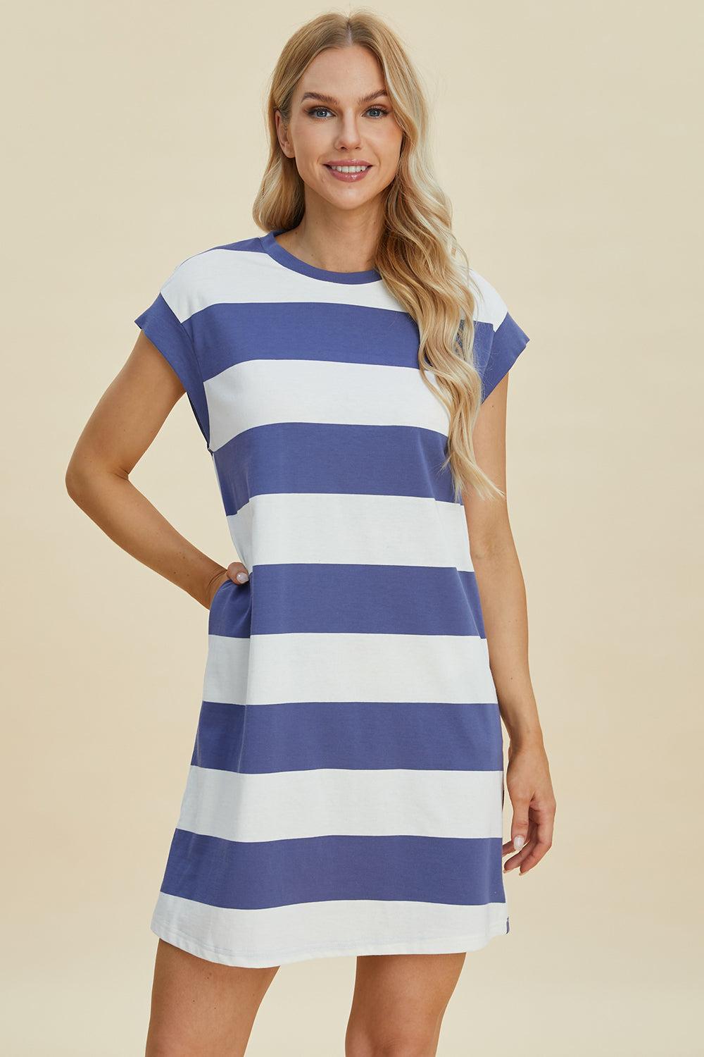 Striped Round Neck Cap Sleeve Mini Dress