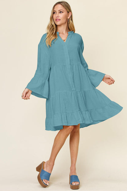 Texture Button Up Ruffle Hem Dress