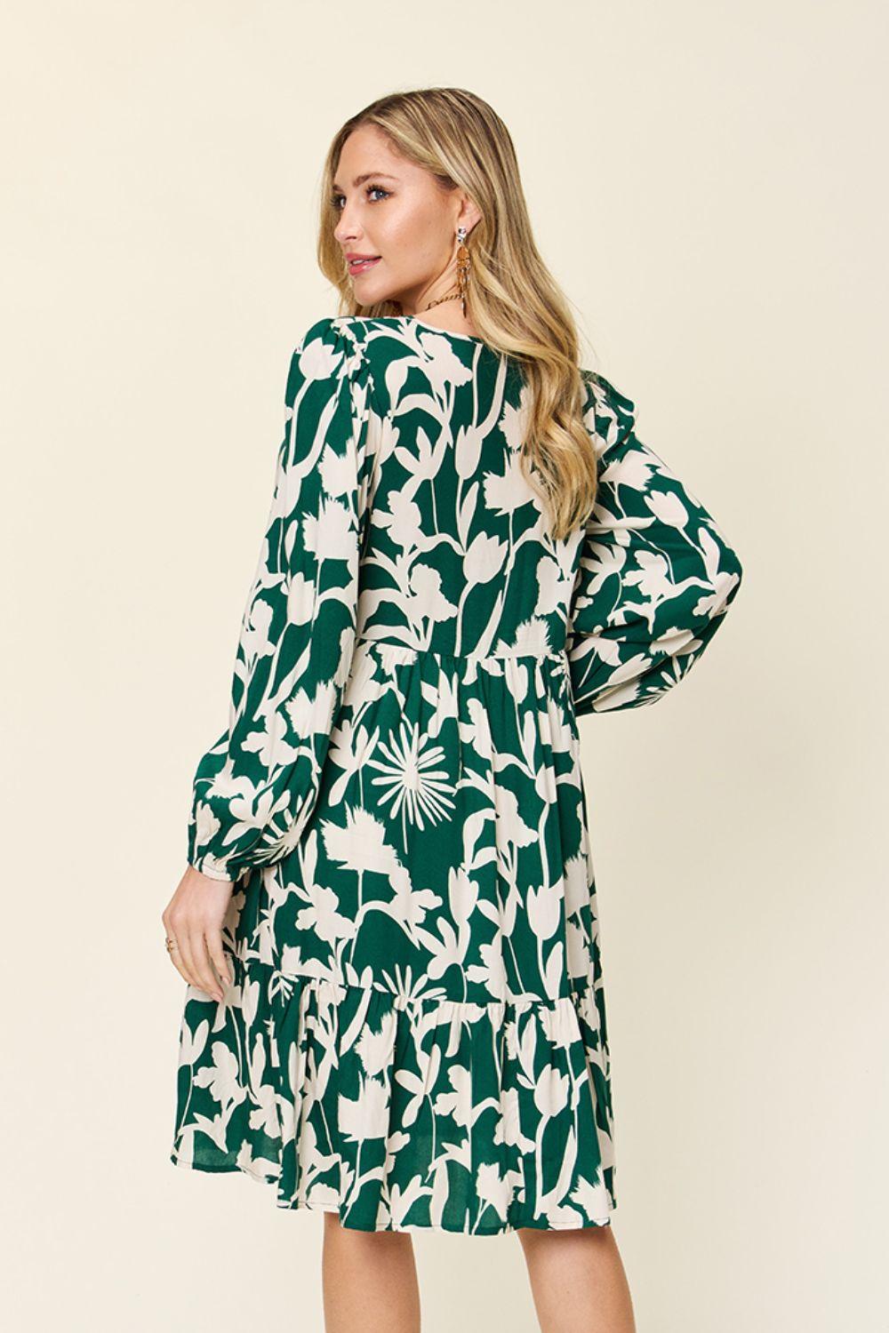 Printed Dress Long Ruffle Sleeve Dress Tiered Mini Dress with Pockets