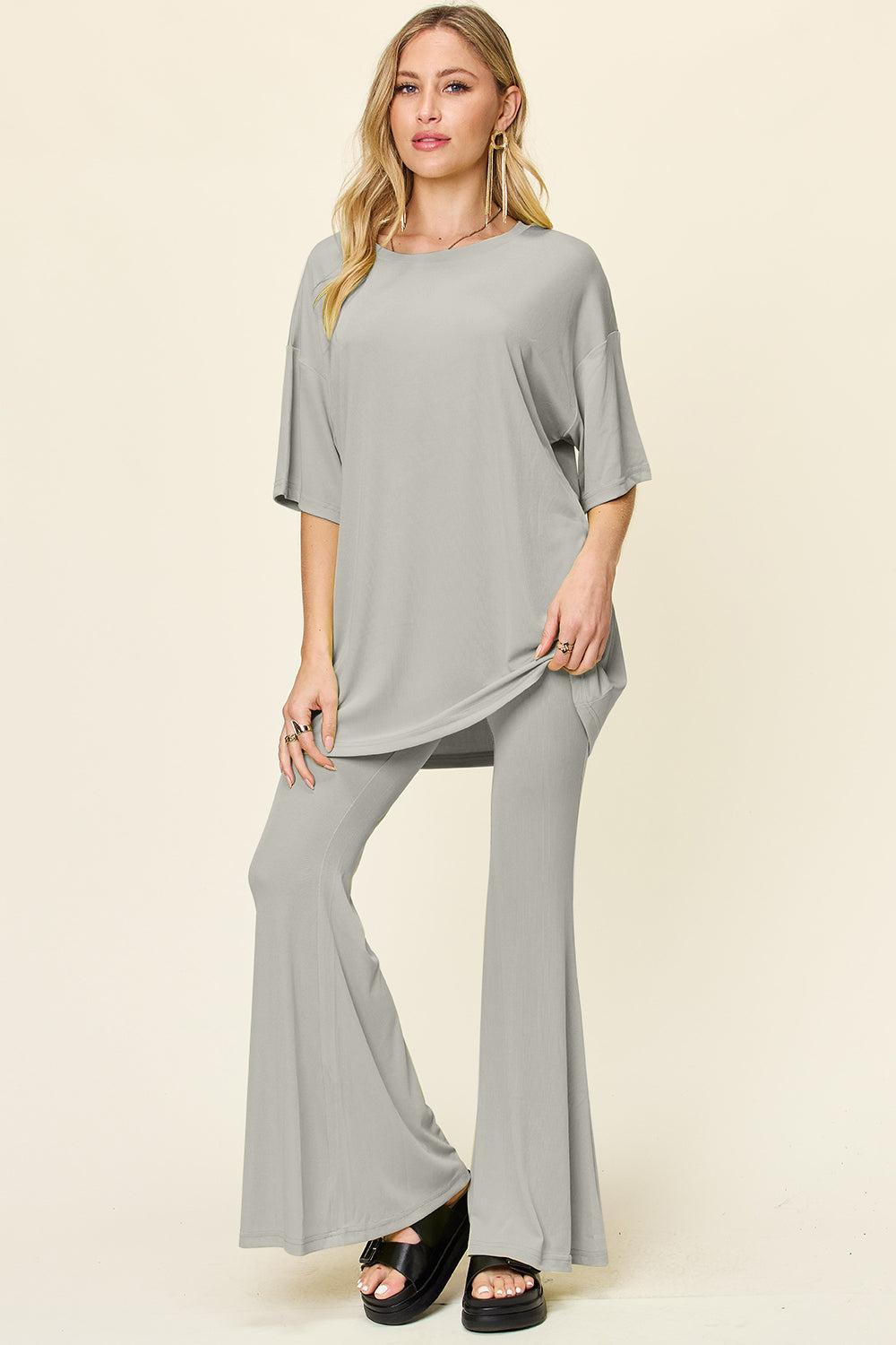 Round Neck Drop Shoulder T-Shirt and Flare Pants Set