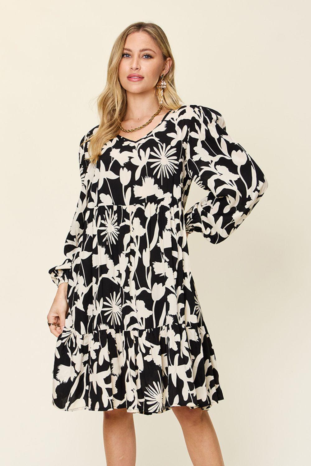 Printed Dress Long Ruffle Sleeve Dress Tiered Mini Dress with Pockets