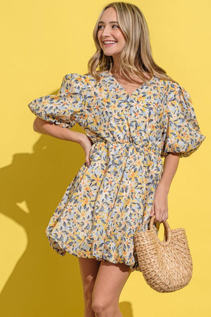 Floral Surplice Puff Sleeve Dress.