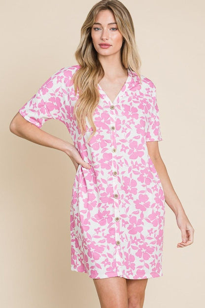 Floral V Neck Button Down  Dress With Pocketed