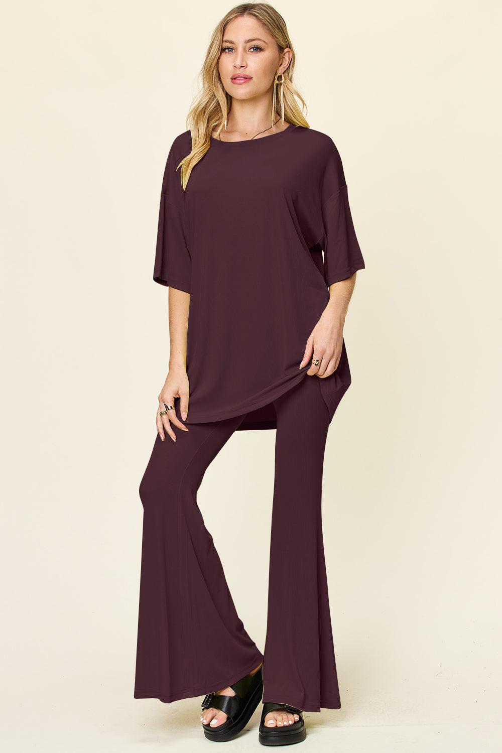 Round Neck Drop Shoulder T-Shirt and Flare Pants Set