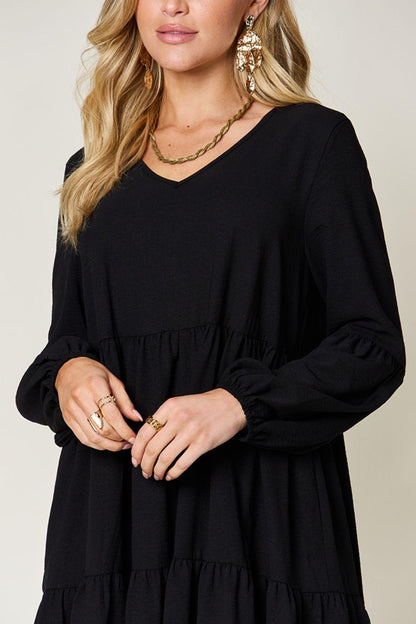 V-neck Dress with fluffy Balloon Sleeves with Pockets