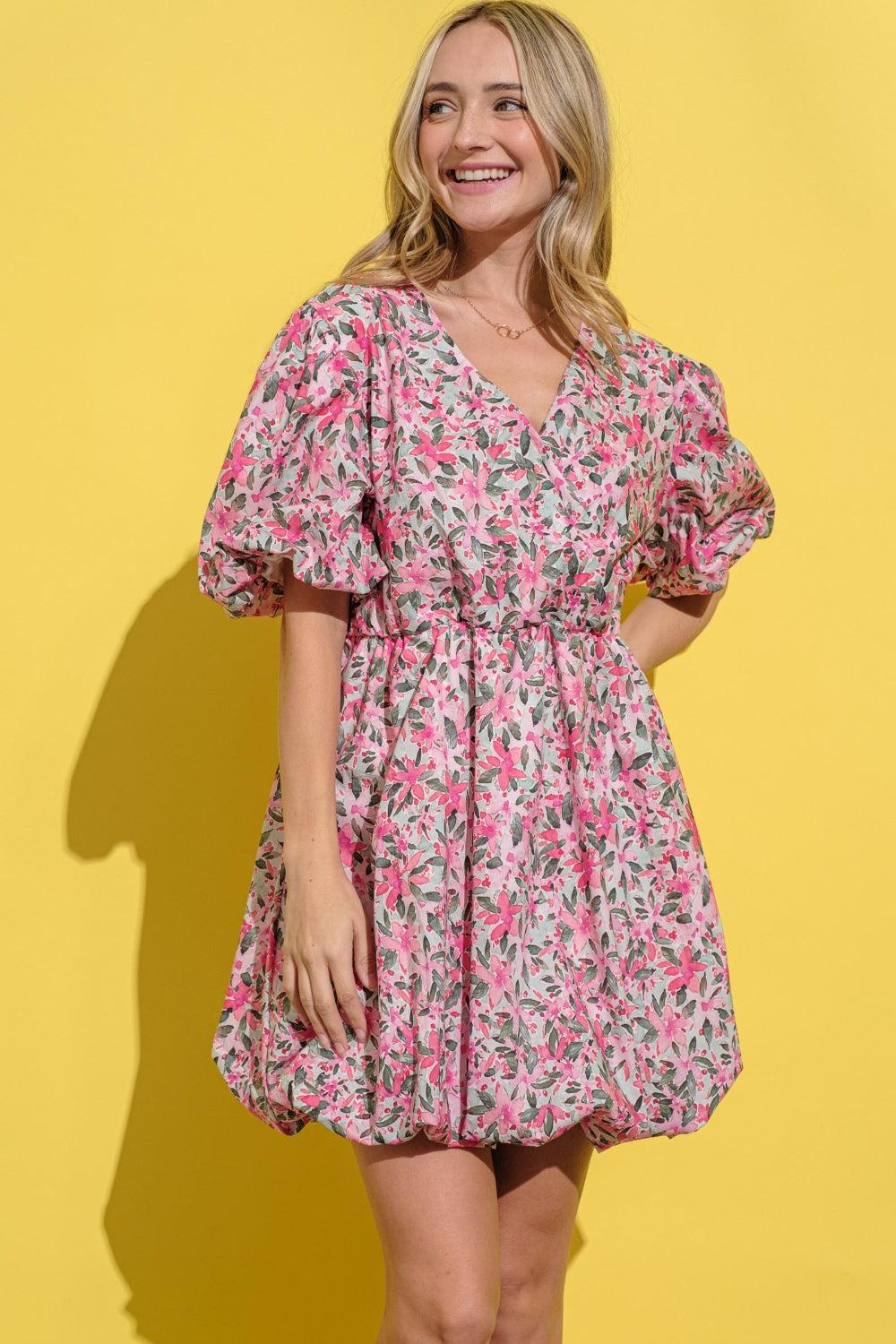 Floral Surplice Puff Sleeve Dress