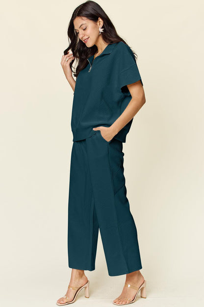 Texture Half Zip Short Sleeve Top and Pants Set