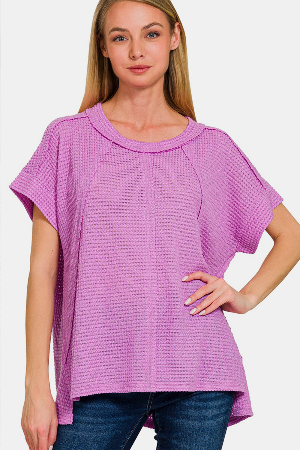 Waffle Exposed-Seam Short Sleeve T-Shirt In Lavender