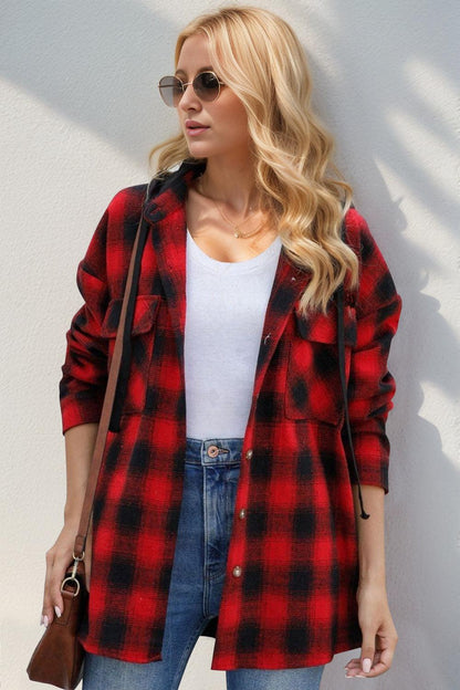 Drawstring Plaid Long Sleeve Hooded Shacket