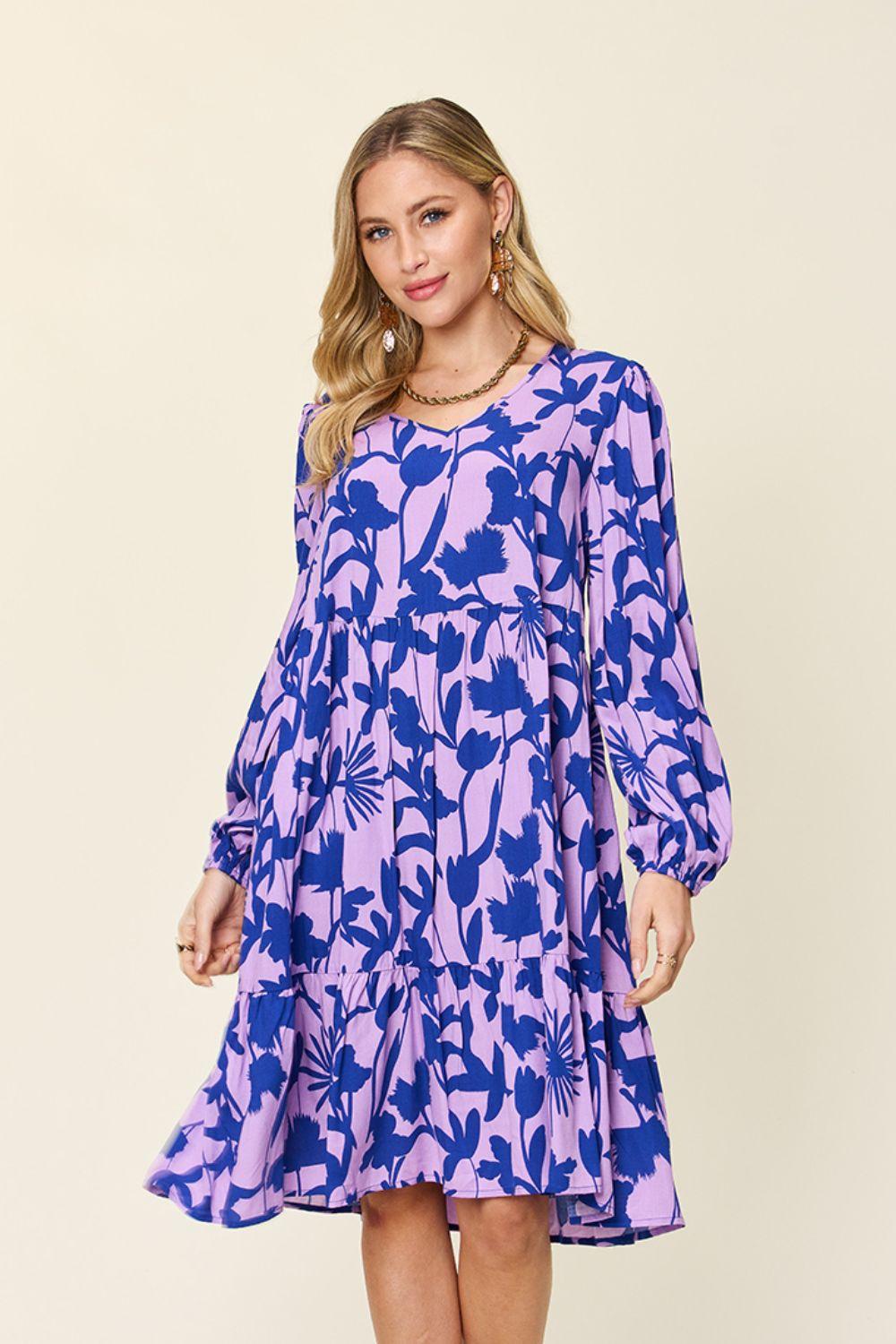 Printed Dress Long Ruffle Sleeve Dress Tiered Mini Dress with Pockets