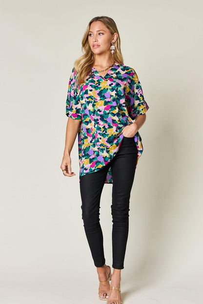 Printed V-Neck Short Sleeve Side Slit Top