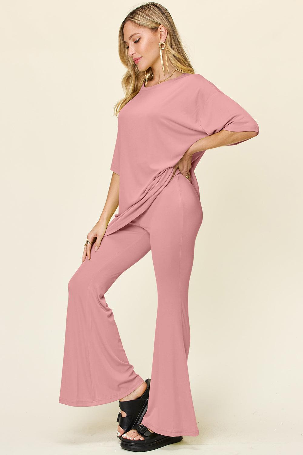 Round Neck Drop Shoulder T-Shirt and Flare Pants Set