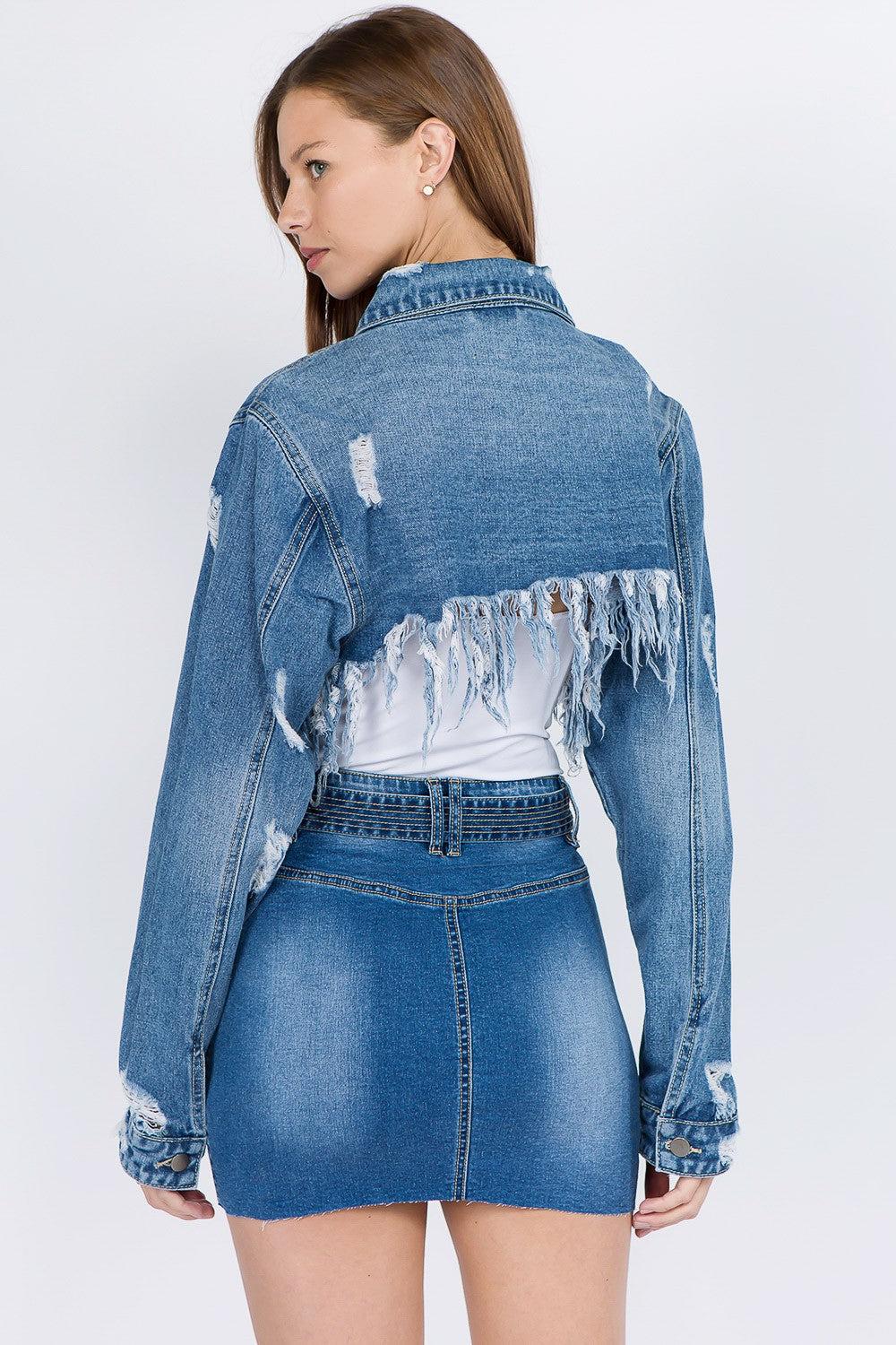 Distressed denim jacket with a frayed hem